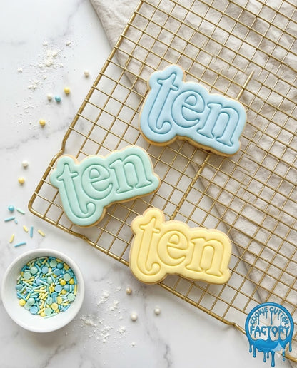 Retro Word Ten Cookie Cutter and Embosser | 10th Birthday Party Decorating Tool