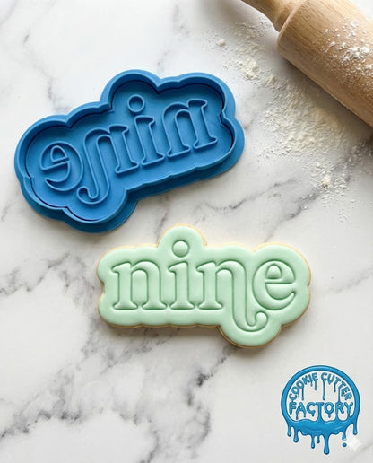 Retro Word Nine Cookie Cutter and Embosser | 9th Birthday Party Decorating Tool