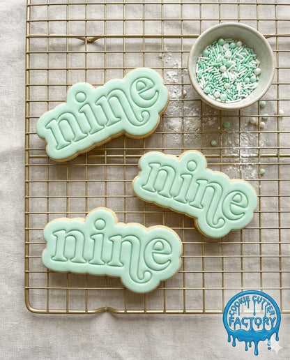 Retro Word Nine Cookie Cutter and Embosser | 9th Birthday Party Decorating Tool