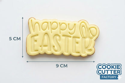 Happy Easter with Bunny Ears Cookie Cutter and Embosser Set – Holiday Baking Stamp