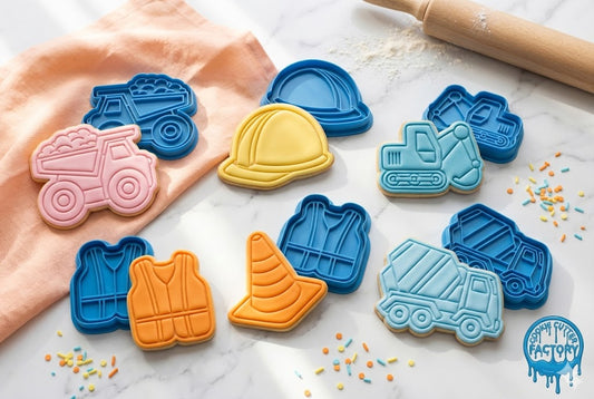 Construction Site Cookie Cutter and Embosser Set – 6 Piece Digger and Truck Birthday Baking Tools