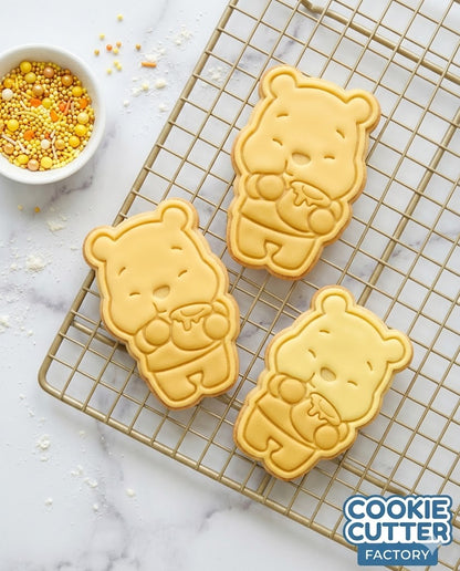 Pooh Style Bear with Honey Pot Cookie Cutter and Embosser Set – Classic Character Baking Tool