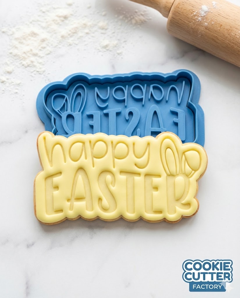 Happy Easter with Bunny Ears Cookie Cutter and Embosser Set – Holiday Baking Stamp