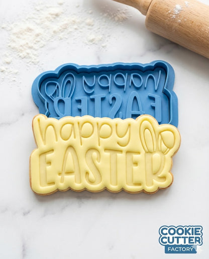 Happy Easter with Bunny Ears Cookie Cutter and Embosser Set – Holiday Baking Stamp