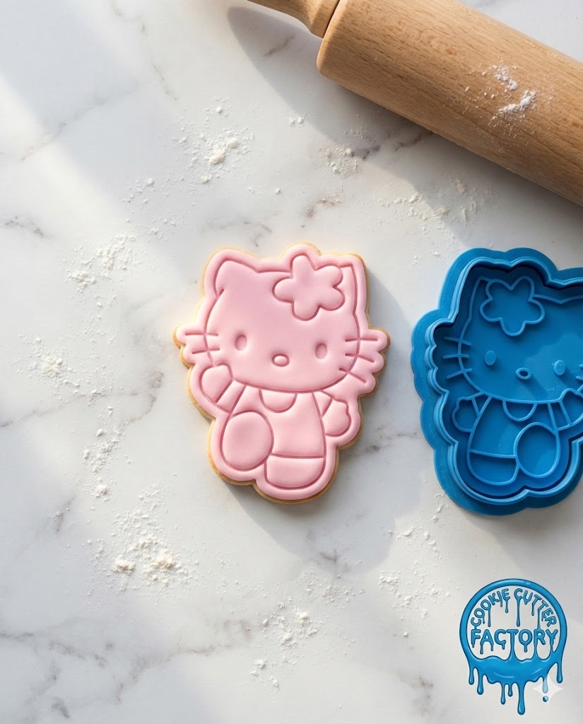 Cute Flower Kitty Cookie Cutter and Embosser Stamp | Waving Cartoon Cat, Japanese Anime Style