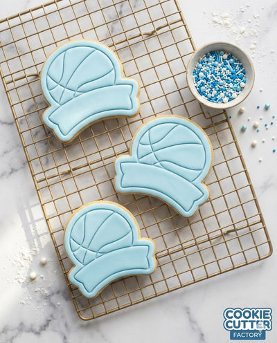 Basketball with Personalized Banner Cookie Cutter and Embosser Stamp - Sports Name Label Baking Set