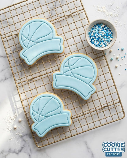 Basketball with Personalized Banner Cookie Cutter and Embosser Stamp - Sports Name Label Baking Set