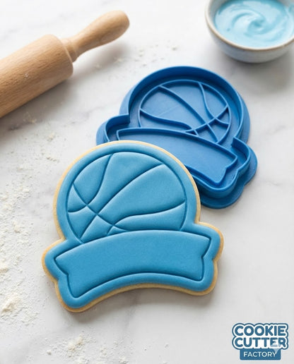 Basketball with Personalized Banner Cookie Cutter and Embosser Stamp - Sports Name Label Baking Set
