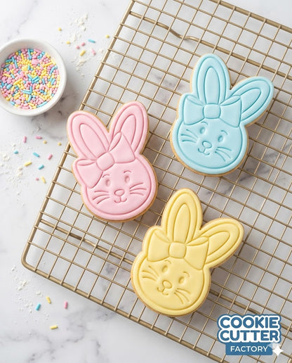Bunny Face with Bow Cookie Cutter and Embosser Set – Easter Rabbit Baking Tool