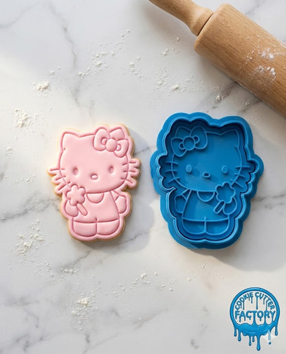 Cute Kitty Holding Flower Cookie Cutter and Embosser Stamp | Cartoon Cat, Kawaii