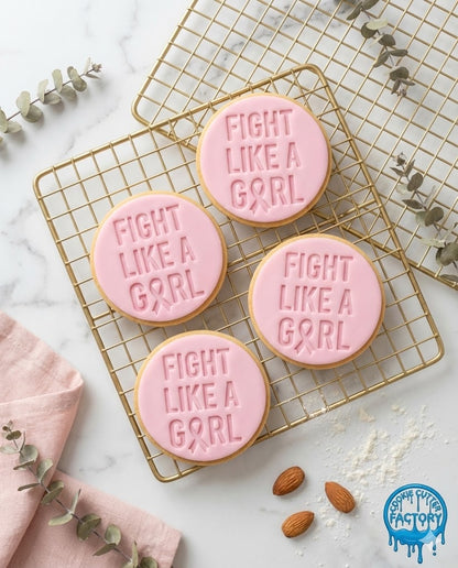 Fight Like A Girl Text Cookie Cutter and Embosser Stamp | Breast Cancer Awareness, Survivor Quote
