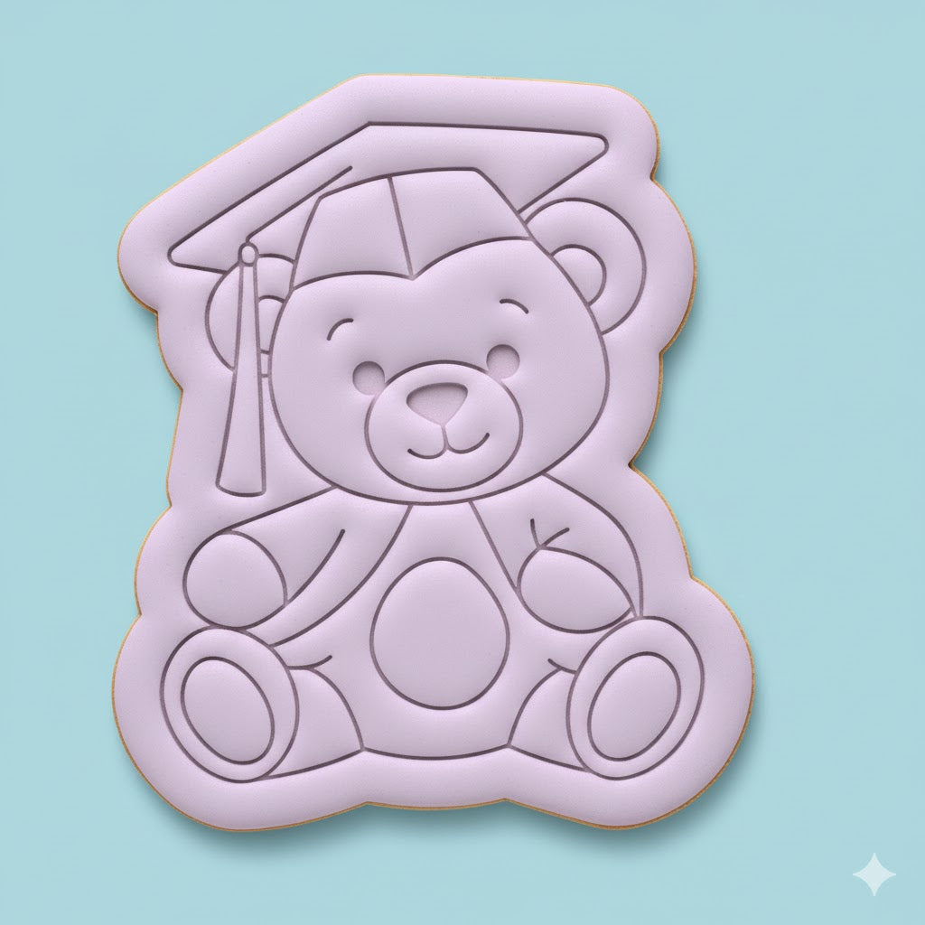 Graduation Teddy Bear Cookie Cutter and Embosser Stamp Set | Grad Cap, Cute Bear