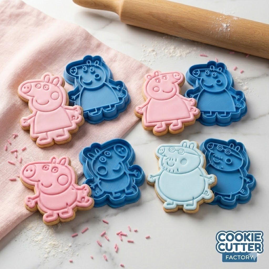 Friendly Pig Family Cookie Cutter and Embosser Set – 4 Piece Cartoon Animal Baking Tools