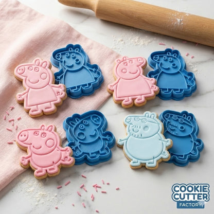 Friendly Pig Family Cookie Cutter and Embosser Set – 4 Piece Cartoon Animal Baking Tools