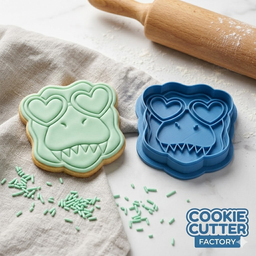 T-Rex with Heart Sunglasses Cookie Cutter and Embosser Stamp | Dinosaur Valentine, Cool Dino, Kids Party