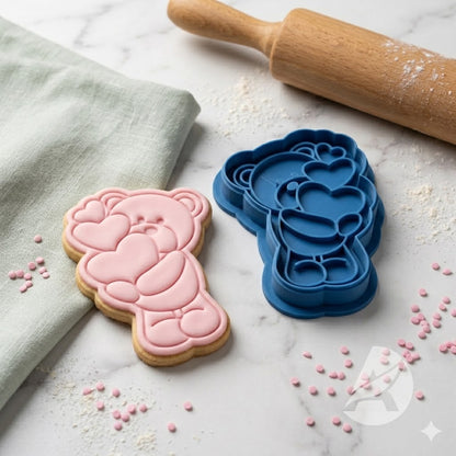 Cute Teddy Bear Holding Hearts Cookie Cutter and Embosser Set | Valentine's Day, Love Bear