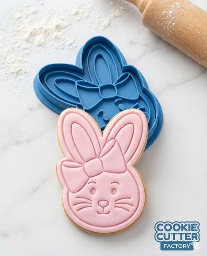 Bunny Face with Bow Cookie Cutter and Embosser Set – Easter Rabbit Baking Tool