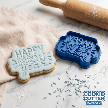 Happy New Year Plaque Cookie Cutter and Embosser Stamp Set | Celebration