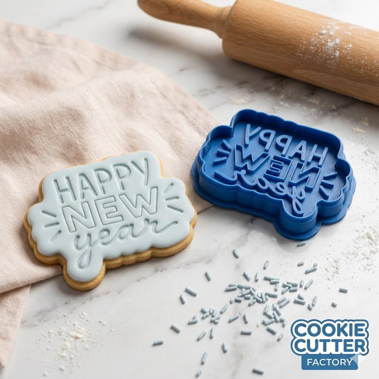 Happy New Year Plaque Cookie Cutter and Embosser Stamp Set | Celebration