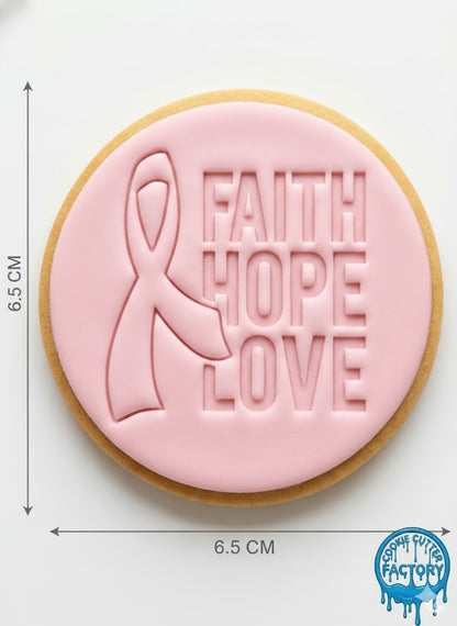 Faith Hope Love Ribbon Cookie Cutter and Embosser Stamp | Breast Cancer Awareness, Support Quote