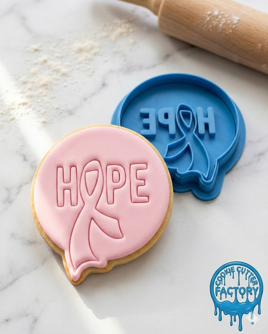 Hope Text Awareness Ribbon Cookie Cutter and Embosser Stamp | Breast Cancer Support, Survivor Quote