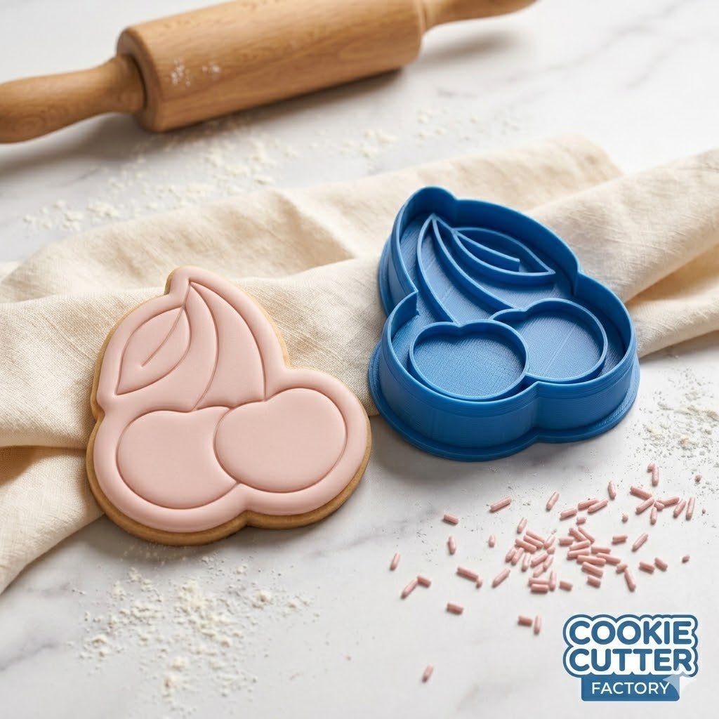 Cherry Cluster Cookie Cutter and Embosser Stamp Set | Fruit, Summer, Retro