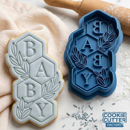 BABY Hexagon Plaque Cookie Cutter and Embosser Set | Baby Shower, Modern Foliage