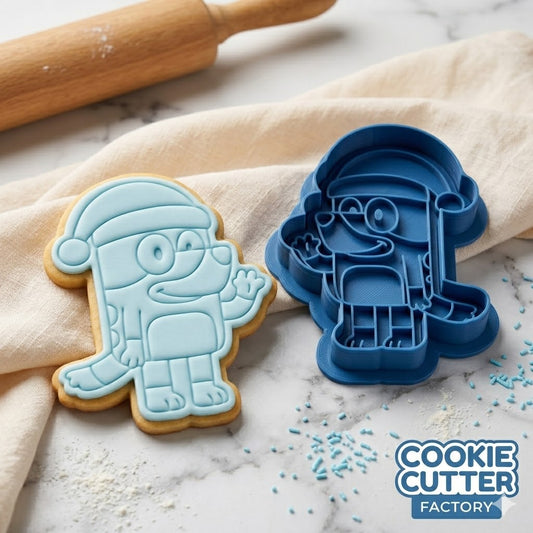 Waving Bluey Christmas Cookie Cutter and Embosser Stamp Set | Santa Hat, Holiday