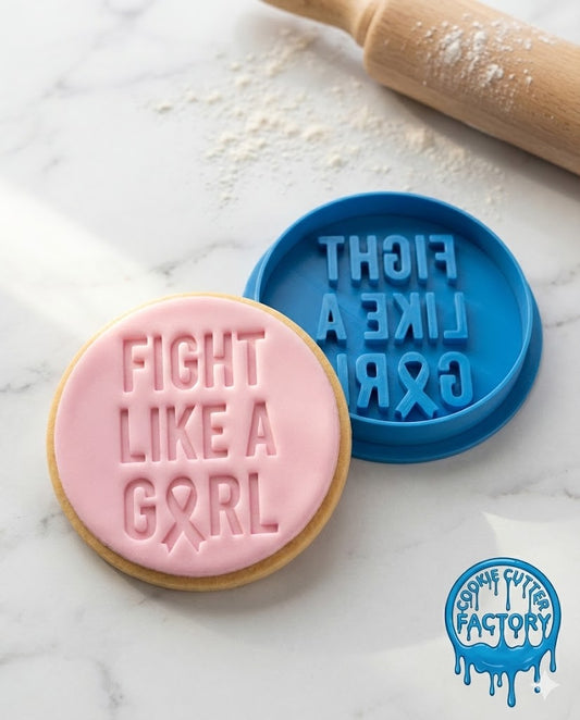 Fight Like A Girl Text Cookie Cutter and Embosser Stamp | Breast Cancer Awareness, Survivor Quote