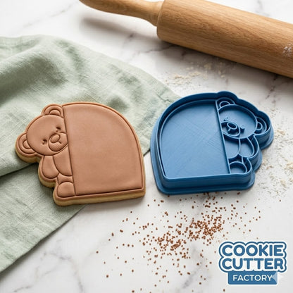 Peeking Teddy Bear Arch Cookie Cutter and Embosser Stamp | Name Plaque, Baby Shower, Custom Text Area