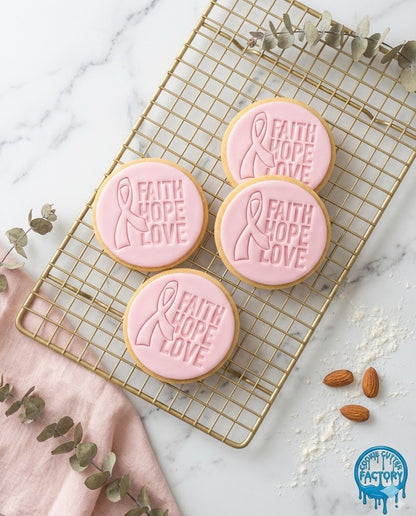 Faith Hope Love Ribbon Cookie Cutter and Embosser Stamp | Breast Cancer Awareness, Support Quote