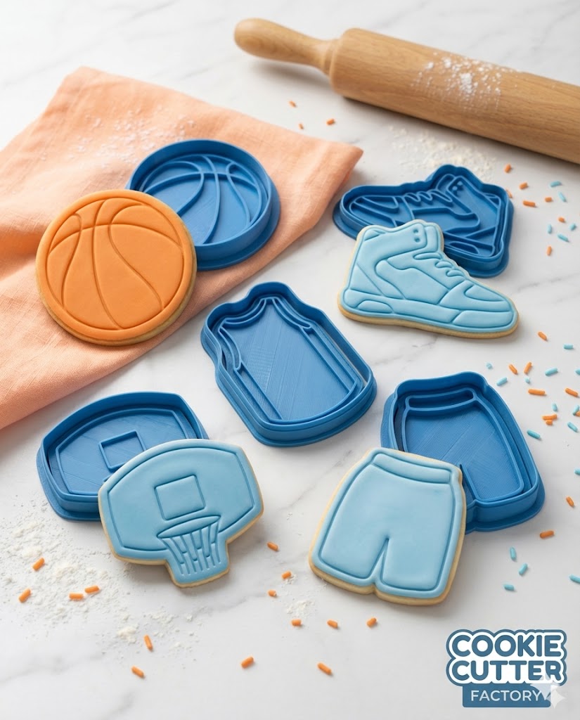 Basketball Sports Cookie Cutter and Embosser Set – 5 Piece Set for Birthdays & Team Snacks