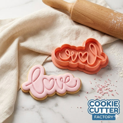 Script Love Word Plaque Cookie Cutter and Embosser Stamp | Valentine's Day, Wedding, Cursive Text