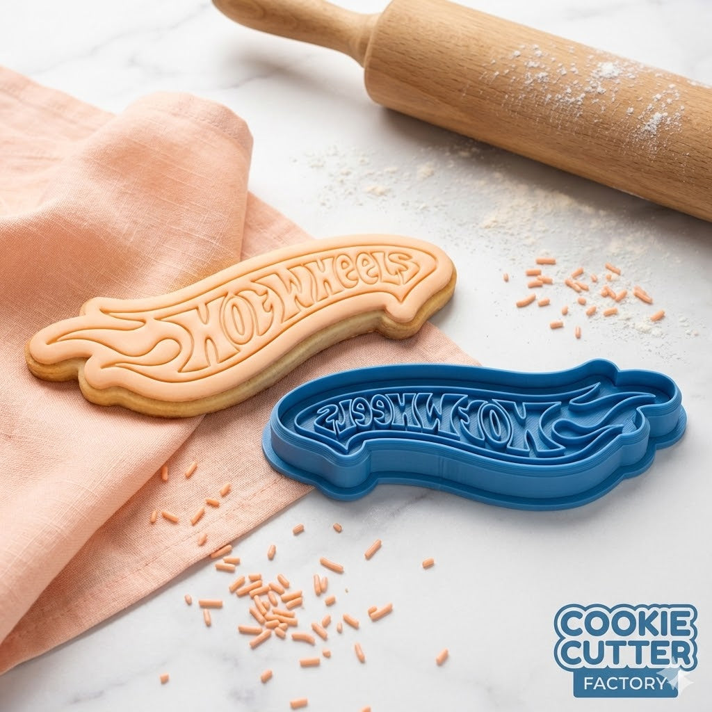 Hot Wheels Style Logo Cookie Cutter and Embosser Set – Race Car Birthday Baking Tool