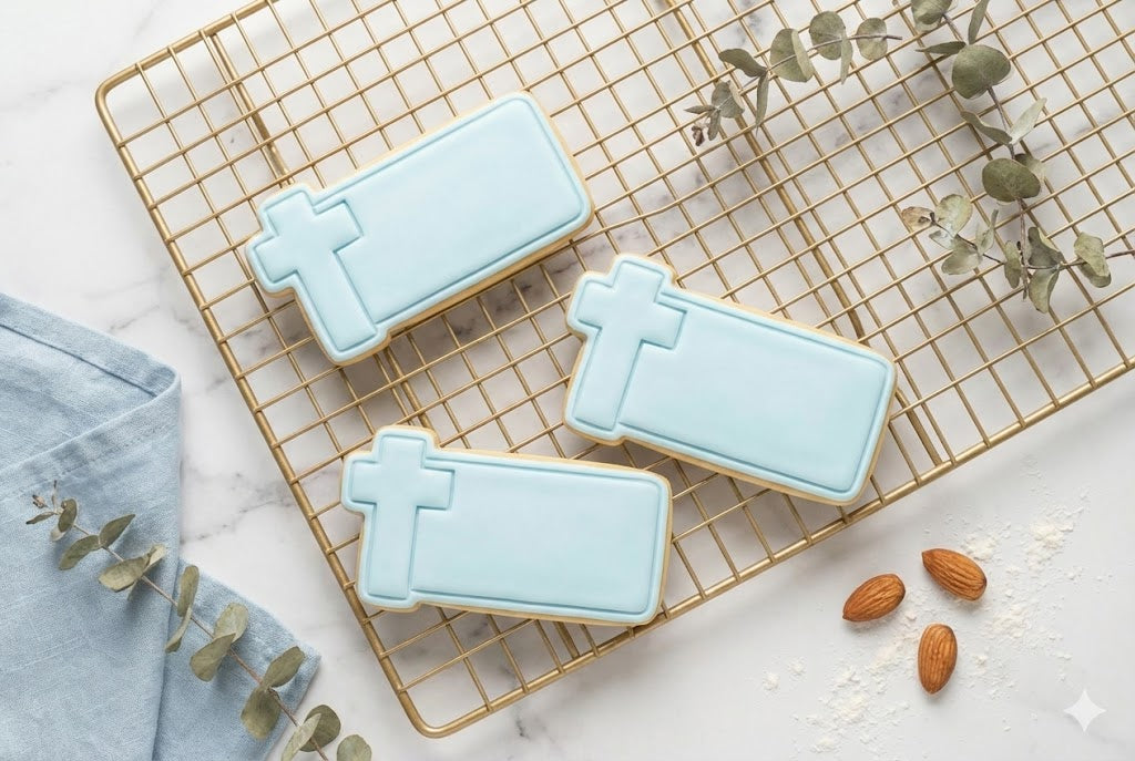 Cross with Name Plaque Cookie Cutter and Embosser Stamp | Personalised Baptism, Communion, Easter Treat