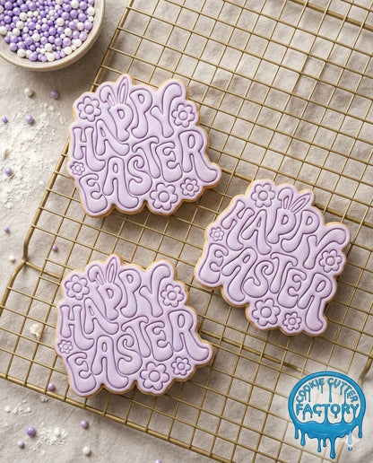 Groovy Happy Easter Cookie Cutter and Embosser Stamp - Retro Holiday Baking