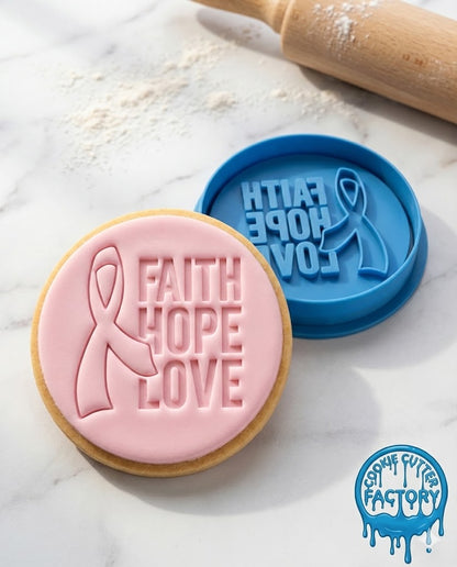 Faith Hope Love Ribbon Cookie Cutter and Embosser Stamp | Breast Cancer Awareness, Support Quote