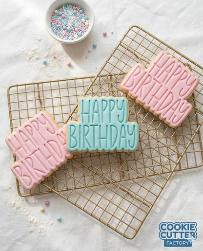 Happy Birthday Cookie Cutter and Embosser Set | Tall Skinny Font Birthday Stamp for Fondant and Cookies