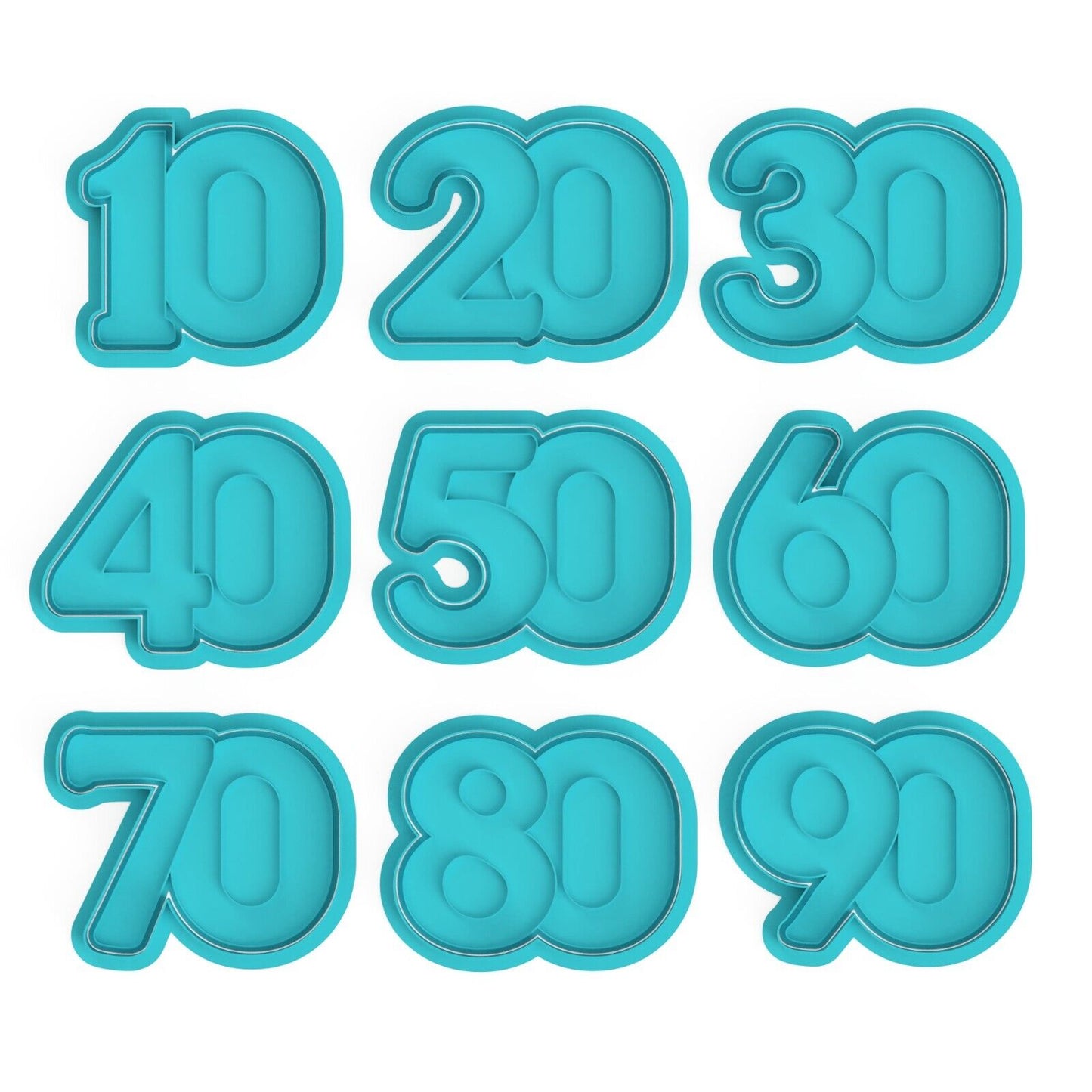 2-DIGIT Numbers Set Cookie Cutter & Stamp 10 20 30 40 50 60 70 80 90