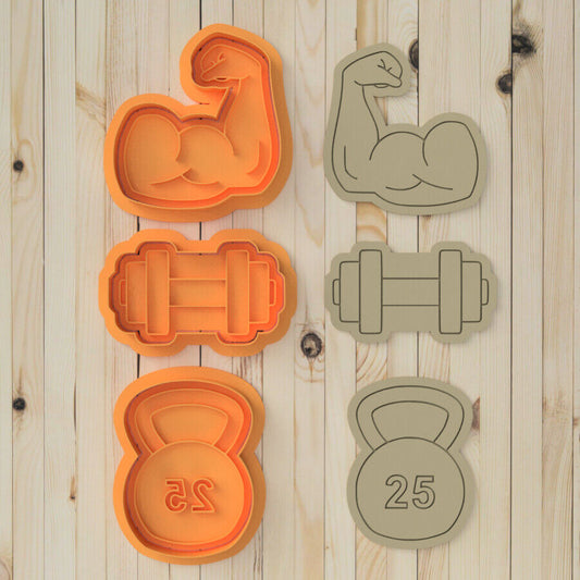 Gym Workout Muscles Cookie Cutter and Embosser Stamp Set