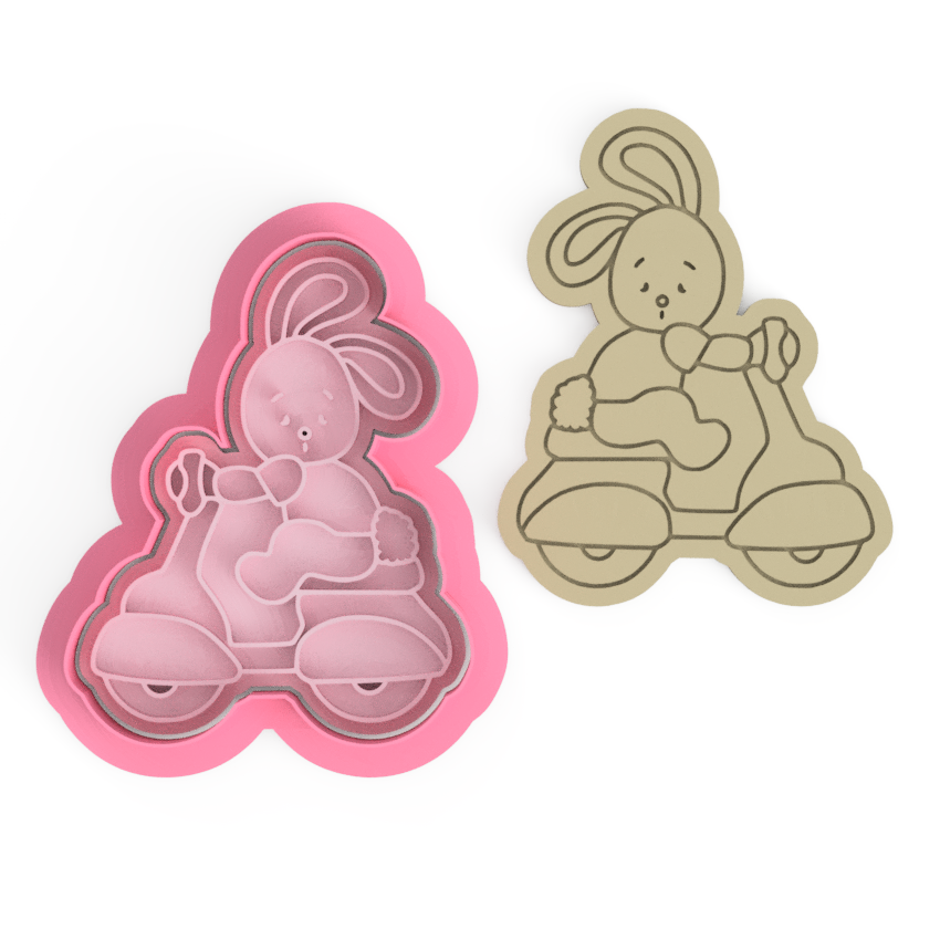 Bunny on scooter Easter cookie cutter and embosser stamp